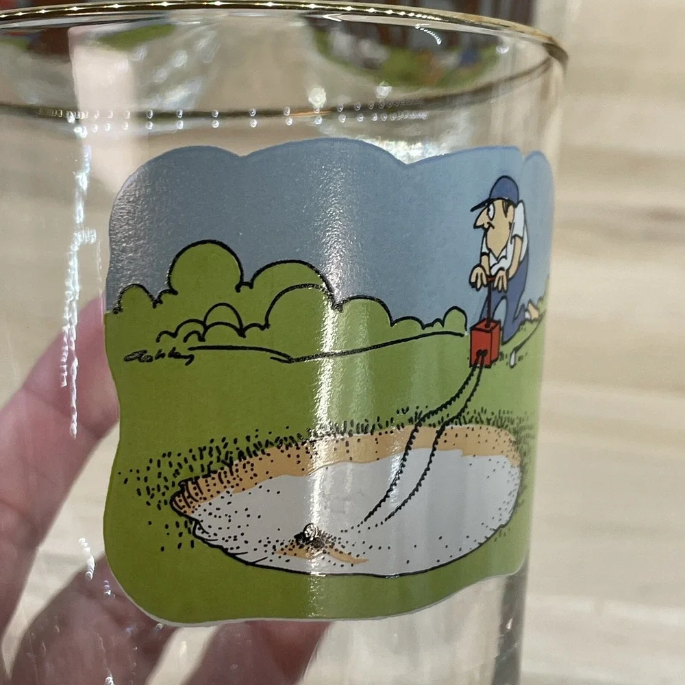 Vintage Ashby Glasses 8pc Golf Funny‎ Cartoon Low Ball Whiskey Man's Cave Decor